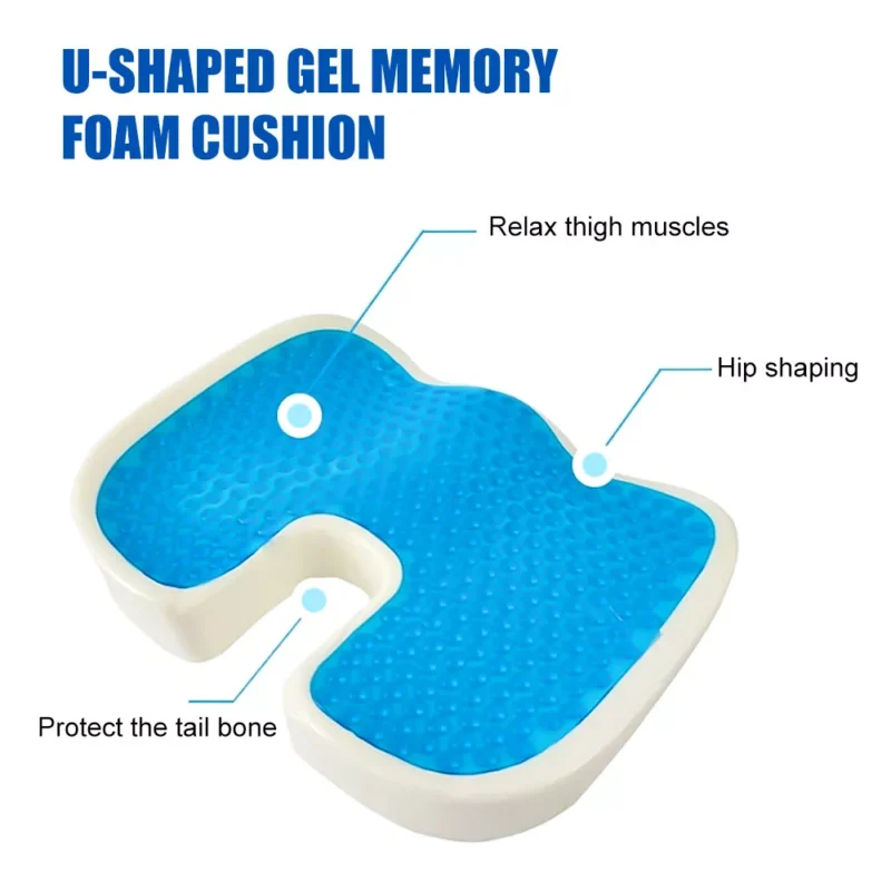 U-shaped gel memory foam cushion with labeled features.