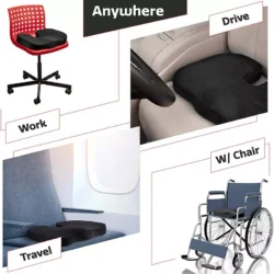 Gel seat cushion shown on office chair, car seat, airplane seat, and wheelchair.
