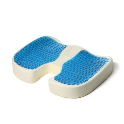 Wheelchair cushion with blue gel layer and ergonomic contours.