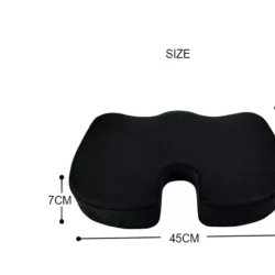 Black ergonomic wheelchair cushion with size dimensions 45cm by 35cm by 7cm.