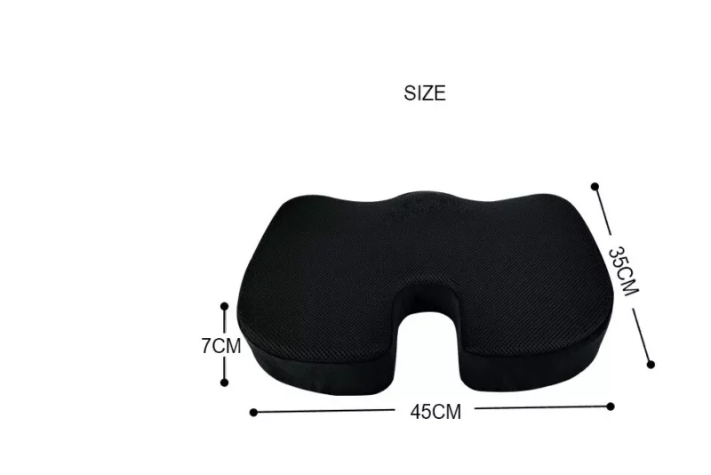 Black ergonomic wheelchair cushion with size dimensions 45cm by 35cm by 7cm.