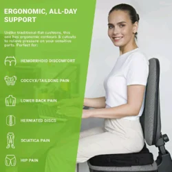 Woman sitting on a pressure relief cushion on an office chair, with ergonomic support benefits listed.
