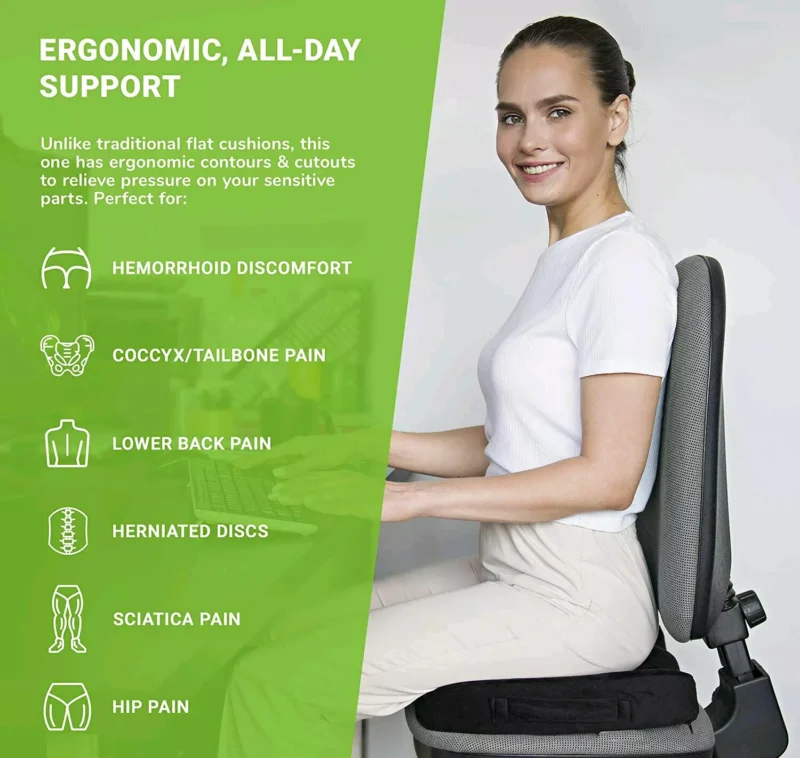 Woman sitting on a pressure relief cushion on an office chair, with ergonomic support benefits listed.