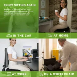 People using a gel seat cushion in different settings: car, home, work, and on a wheelchair.