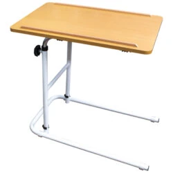 Height-adjustable overbed table with beech melamine tabletop and white frame.