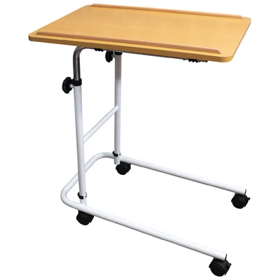 Height-adjustable overbed table with a beech melamine tabletop and four castors.