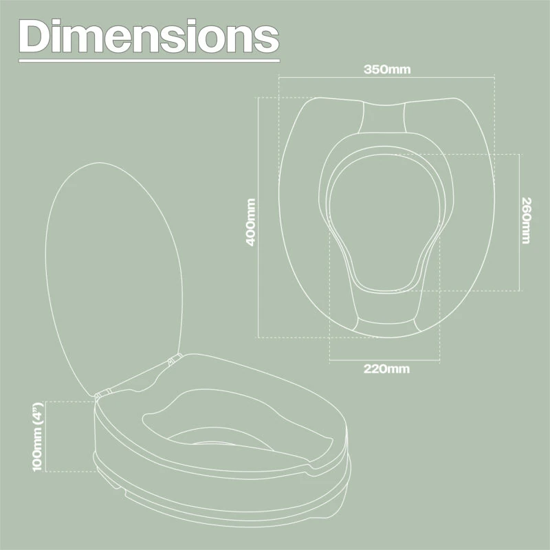 Diagram showing dimensions of a toilet seat with lid.