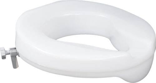 White toilet seat extender with adjustable bracket.