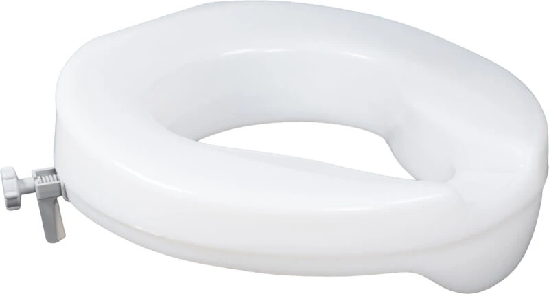 White toilet seat extender with adjustable bracket.