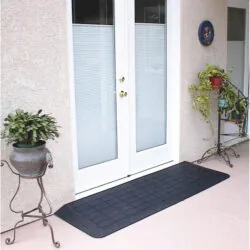 Black accessibility ramp at a white double door entrance.