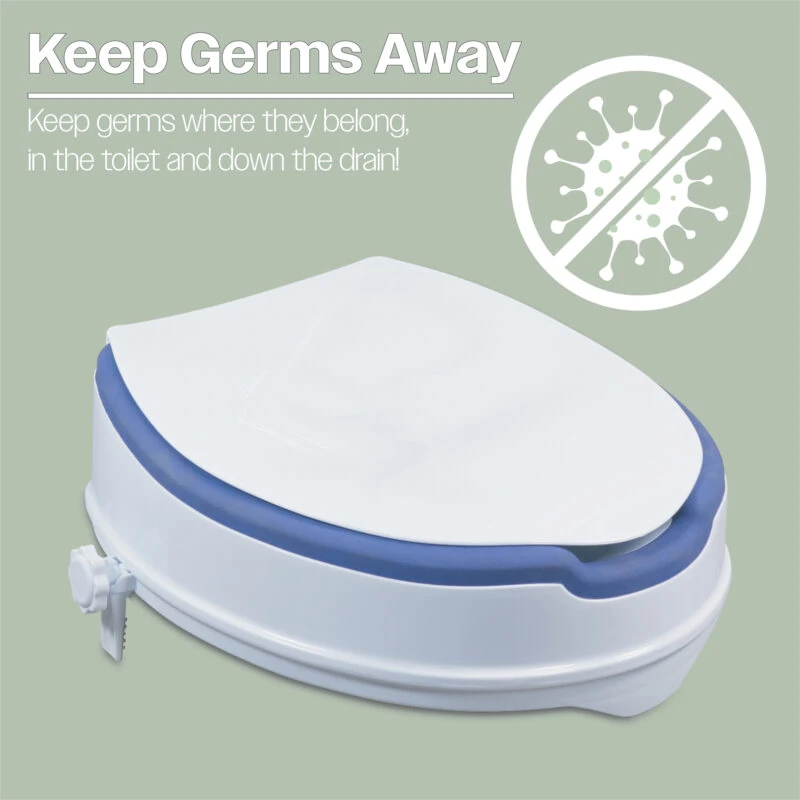 High toilet seat with lid and blue padding, text reads 'Keep Germs Away'.