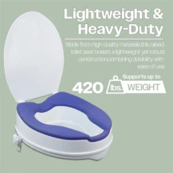 Raised toilet seat with blue TPR padding and lid, supports up to 420 lbs.