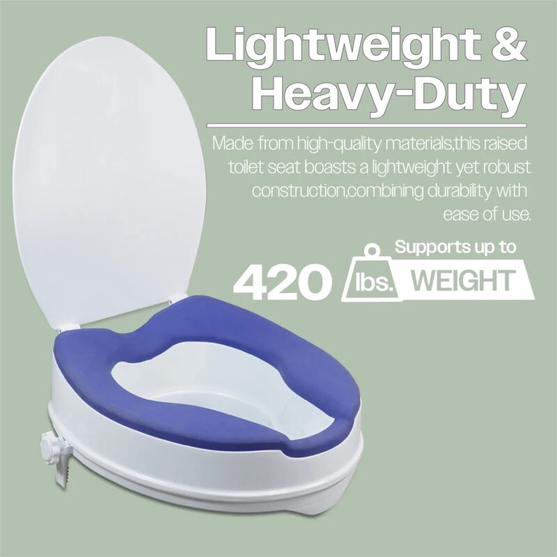 Raised toilet seat with blue TPR padding and lid, supports up to 420 lbs.