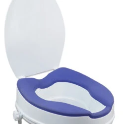 Elevated toilet seat with blue TPR padding and open lid.