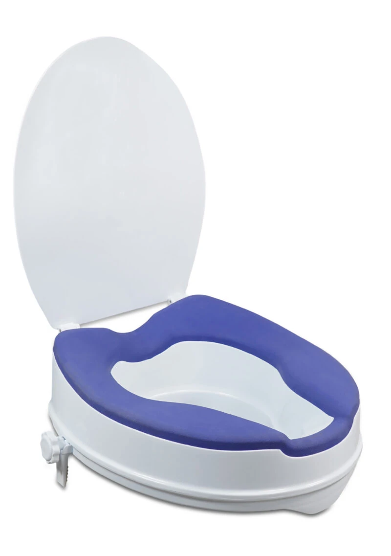 Elevated toilet seat with blue TPR padding and open lid.