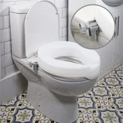 Toilet with a white seat extender and secure brackets.