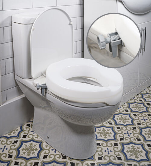 Toilet with a white seat extender and secure brackets.