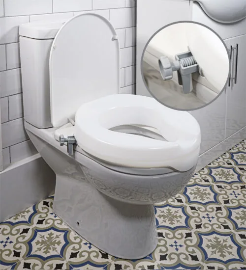 Toilet with a white seat extender and secure brackets.