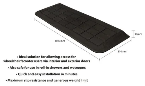 Black accessibility ramp with dimensions 1080mm by 310mm by 30mm.