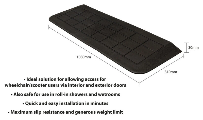 Black accessibility ramp with dimensions 1080mm by 310mm by 30mm.