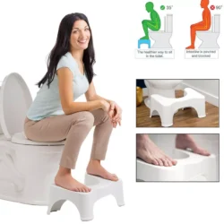 Woman using a toilet foot stool with ergonomic design.