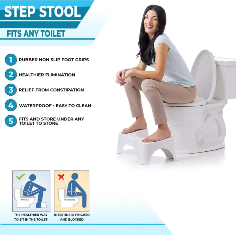 Woman using a toilet foot stool with features listed beside her.