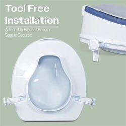 Raised toilet seat with adjustable brackets on a green background.