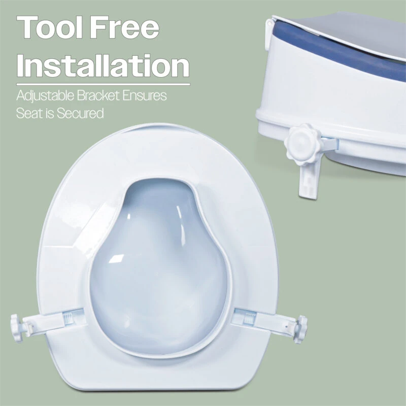 Raised toilet seat with adjustable brackets on a green background.
