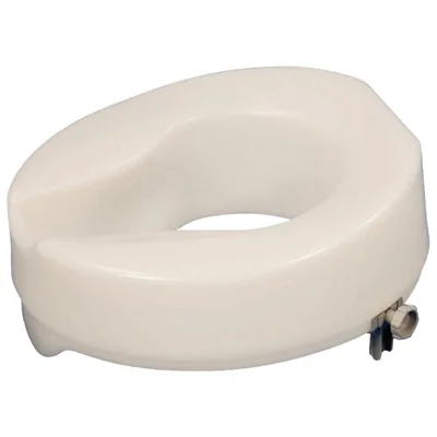 White toilet seat extender with a front drop skirt and rear brackets.