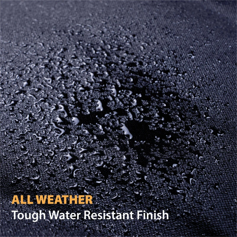 Close-up of water droplets on a dark fabric surface with text 'ALL WEATHER Tough Water Resistant Finish'.