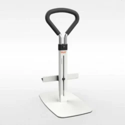 Bed support rail with ergonomic handle and sturdy base.