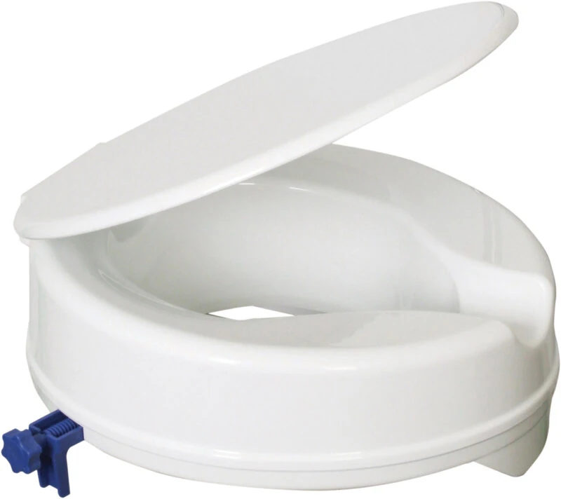 White raised toilet seat with lid and blue side bracket.