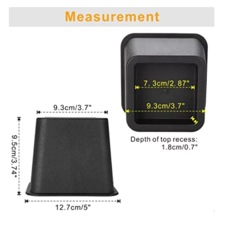Dimensions of a black furniture raiser shown from side and top views.