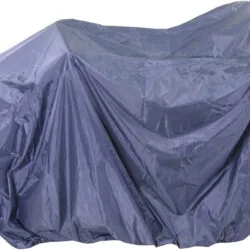 Navy blue weather cover draped over a mobility scooter.