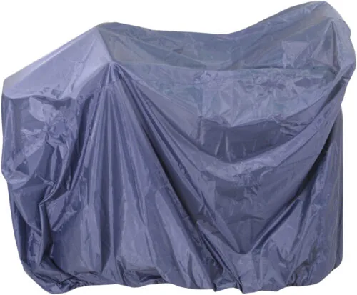 Navy blue weather cover draped over a mobility scooter.