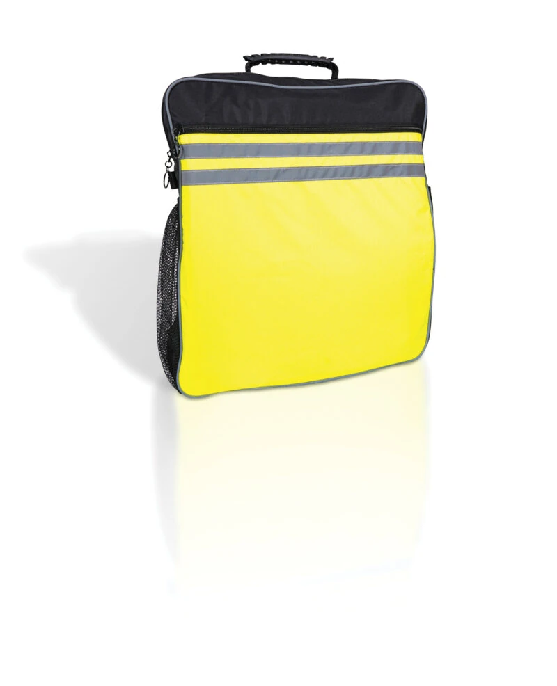 Yellow and black scooter bag with reflective stripes and a carry handle.