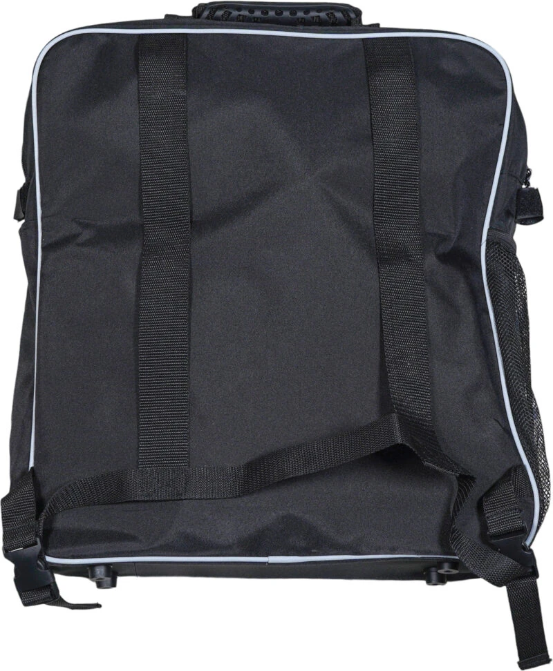 Back view of a black scooter bag with adjustable straps and a carry handle.