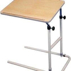Adjustable beech-effect table with white metal frame.