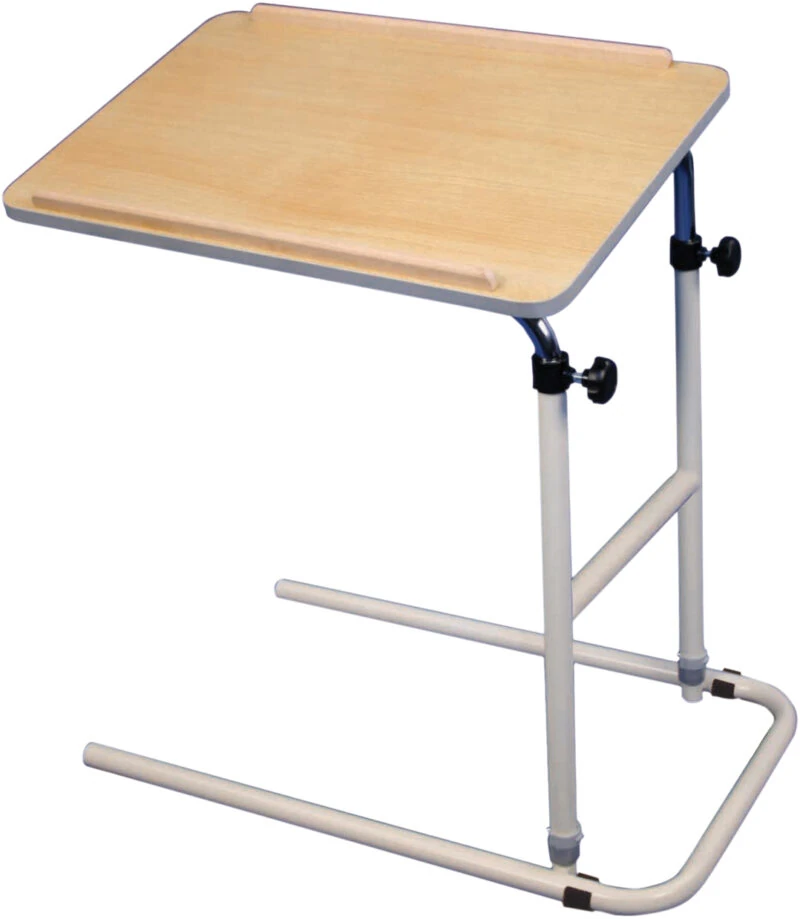 Adjustable beech-effect table with white metal frame.