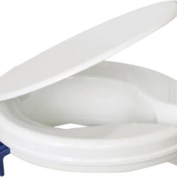 White plastic raised toilet seat with a lid and blue side bracket.