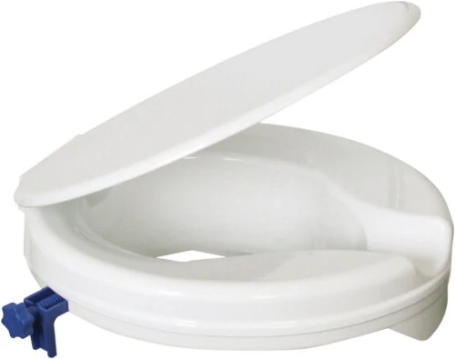 White plastic raised toilet seat with a lid and blue side bracket.