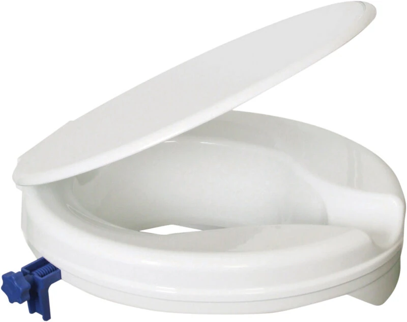 White plastic raised toilet seat with a lid and blue side bracket.