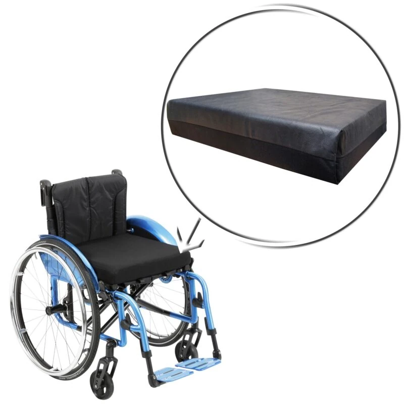 Wheelchair with a black pressure relief cushion and a close-up of the cushion.