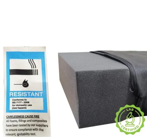 Wheelchair cushion with fire-resistant label and lab certified badge.