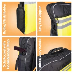 Four images showing features of a reflective scooter bag.
