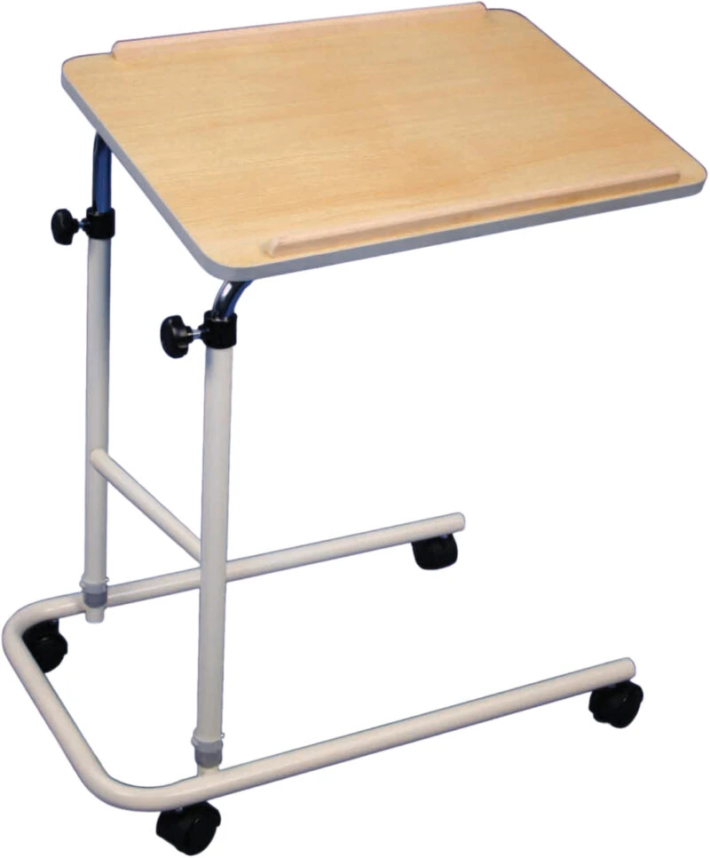 Adjustable table with beech-effect top and wheels.