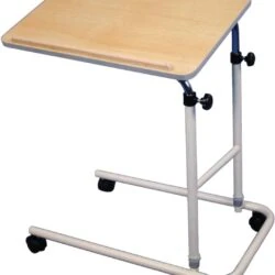 Height adjustable table with wheels and beech-effect surface.
