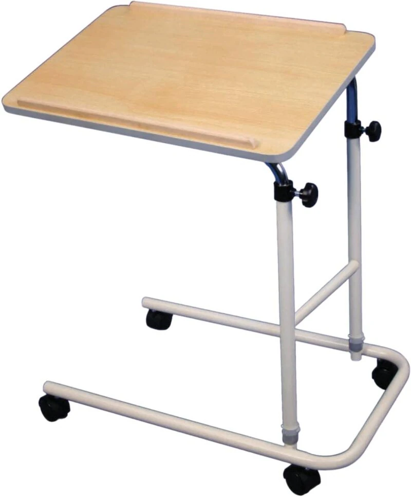 Height adjustable table with wheels and beech-effect surface.