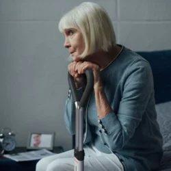 Elderly woman holding a bed support rail while sitting on a bed.