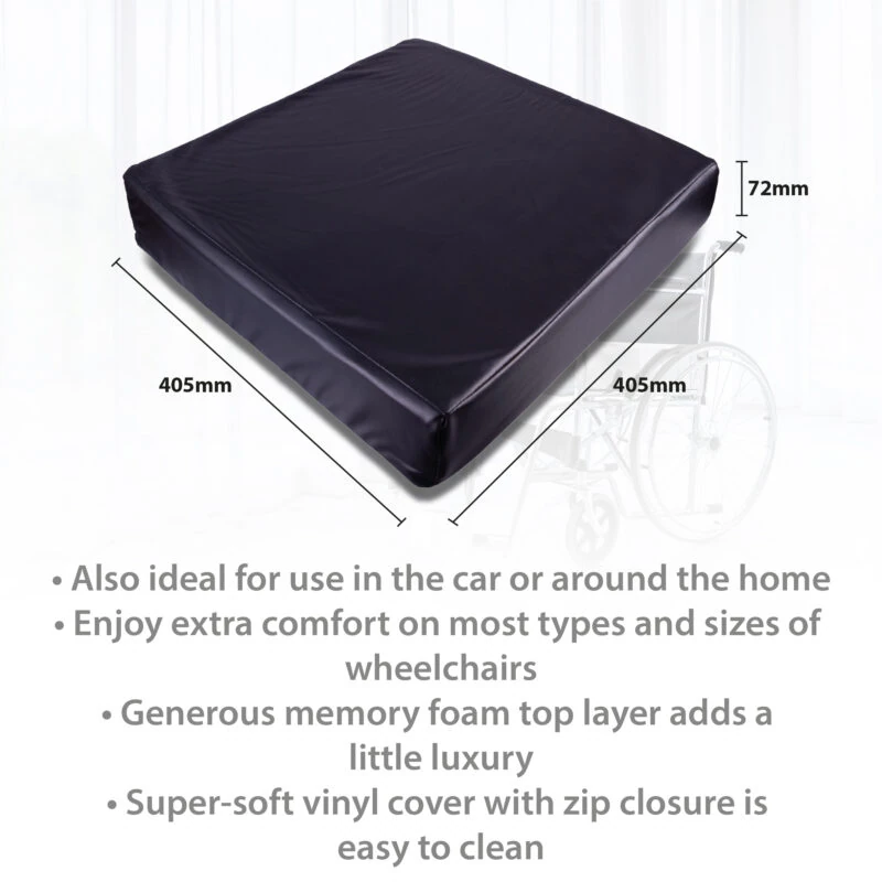 Black wheelchair cushion with measurements and text describing features.